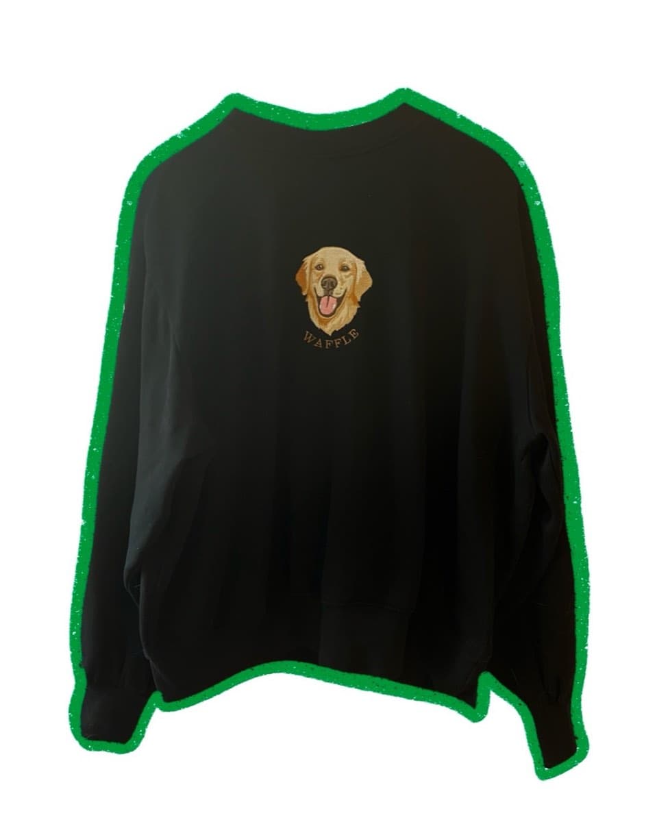 Siyah sweatshirt üzerine golden retriever nakışı